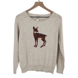 Halogen Deer Intarsia Sweater Womens Size LP Oatmeal Graphic Pullover NWT #O